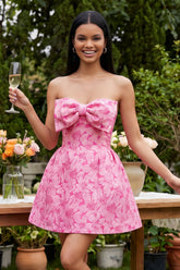 Floral Strapless Fuchsia A Line Mini Homecoming Dress with Bow