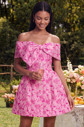 Off the Shoulder Bowed Fuchsia Floral A Line Mini Homecoming Dress
