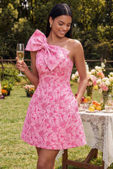 One Shoulder Floral A Line Fuchsia Mini Homecoming Dress with Bow