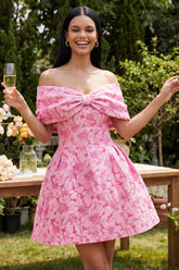 Fuchsia Off the Shoulder Pleated Floral A Line Mini Homecoming Dress