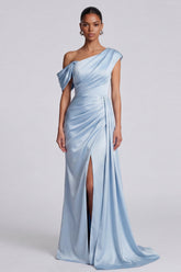 Mermaid Asymmetrical Neck Sky Blue Formal Dress with Slit