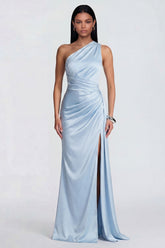 Sky Blue One Shoulder Mermaid Formal Dress with Side Streamer
