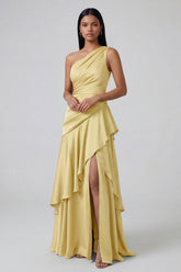 Yellow Tiered One Shoulder Ruffled Formal Dress with Slit