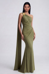 Olive Mermaid Ruched Long Formal Dress with Sash