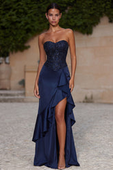 Navy Mermaid Sweetheart Beaded Tiered Formal Dress with Slit