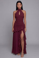 High Neck Burgundy Cut Out Ruffled Formal Dress