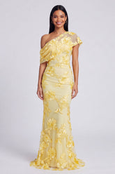 Yellow One Shoulder Floral Mermaid Long Wedding Guest Dress