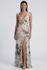 Ivory Floral A Line Wedding Guest Dress with Slit