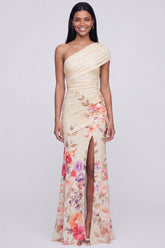 Champagne One Shoulder Floral Mermaid Wedding Guest Dress with Slit