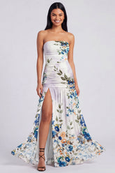 Ivory Floral Strapless Ruched Long Wedding Guest Dress with Slit