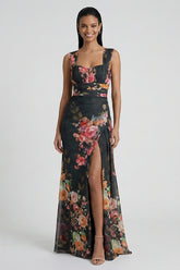 Black A Line Floral Long Wedding Guest Dress with Slit