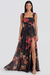 Floral Black A Line Ruched Wedding Guest Dress with Slit