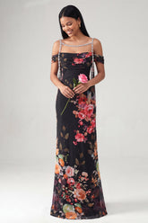 Sheath Black Cold Shoulder Floral Wedding Guest Dress with Sash