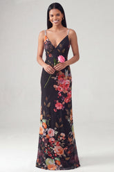 Mermaid V-Neck Black Floral Long Wedding Guest Dress