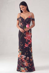 Floral Black Cold Shoulder Ruched Wedding Guest Dress