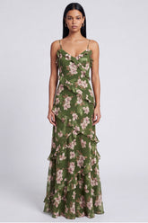 A Line Dark Green Spaghetti Straps Floral Wedding Guest Dress