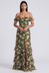 Off the Shoulder Dark Green Floral Wedding Guest Dress with Slit