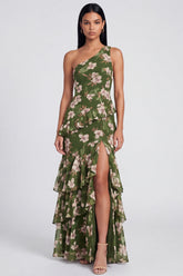 One Shoulder Mermaid Dark Green Floral Wedding Guest Dress with Slit