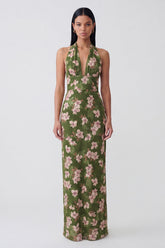 Dark Green Halter Sheath Floral Wedding Guest Dress