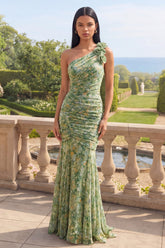 One Shoulder Dusty Green Mermaid Floral Wedding Guest Dress