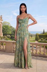 Dusty Green Cowl Neck Floral Formal Dress with Slit