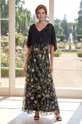 Black Floral A Line V Neck Maxi Mother of the Bride Dress