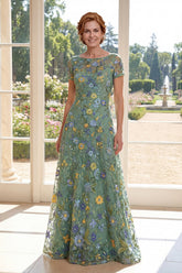 Green A Line Embroidered Floral Mother of the Bride Dress