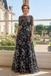 Black Short Sleeve Appliqued A Line Mother of the Bride Dress