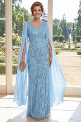 Sparkly Light Blue V Neck Maxi Mother of the Bride Dress