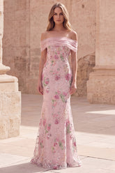 Off The Shoulder Pink Floral Sequin Mermaid Maxi Prom Dress