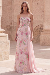 Strapless Pink Floral Sequin Mermaid Prom Dress with Side Streamer