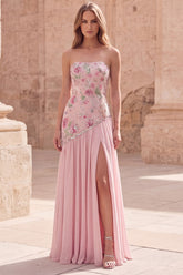 Strapless Pink Floral Sequin Prom Dress with Silt