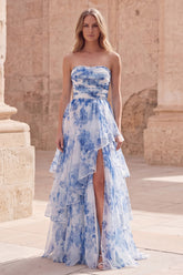 Strapless White Blue Floral Ruffled Prom Dress with Slit