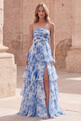Strapless Tiered White Blue Floral A Line Ruffled Prom Dress