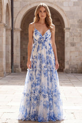 Ruffled White Blue Spaghetti Straps Floral A Line Prom Dress
