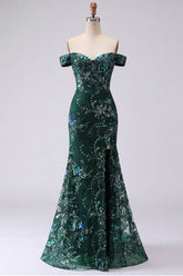 Sparkly Dark Green Off the Shoulder Mermaid Prom Dress with Slit