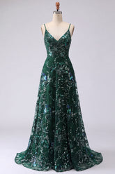 Dark Green Sequin A Line Maxi Prom Dress