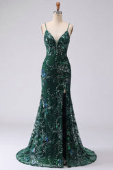 Sparkly Dark Green Appliqued Mermaid Prom Dress with Slit