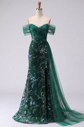 Off the Shoulder Sequin Ruched Dark Green A Line Prom Dress