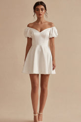 Off the Shoulder Satin A Line White Mini Engagement Dress