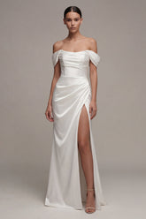 Off the Shoulder Satin Ruched White Engagement Dress
