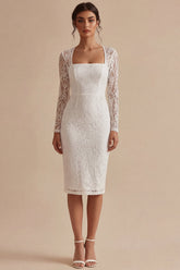 White Lace Long Sleeve Bodycon Midi Engagement Dress