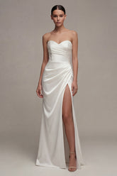 Strapless Satin Ruched White Engagement Dress with Slit