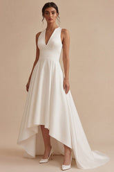 High Low Satin White V Neck Engagement Dress