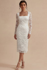 Long Sleeve Appliqued White Bodycon Midi Engagement Dress