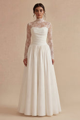 White High Neck Lace A Line Maxi Wedding Dress