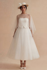 2 Piece White A Line Tulle Midi Engagement Dress