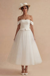 Off the Shoulder White A Line Tulle Engagement Dress