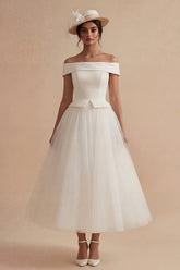 White Off the Shoulder A Line Tulle Midi Engagement Dress