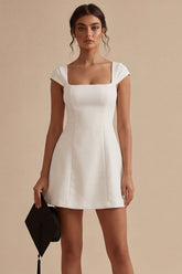 Square Neck A Line Satin Mini White Dress with Cap Sleeves